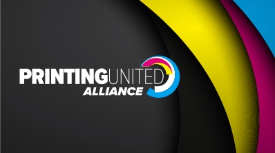 A graphic featuring the PRINTING United Alliance logo on a black background with yellow, pink and blue ribbons to the upper-right.